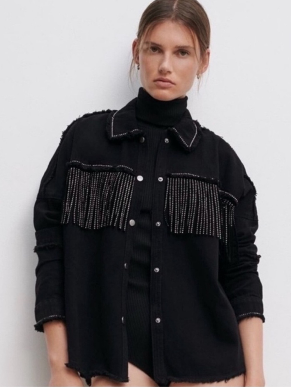 Zara Black Denim Jacket with Rhinestone Fringe